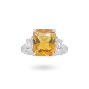 3 Stone Yellow Sapphire With Trapezoid Diamonds Ring